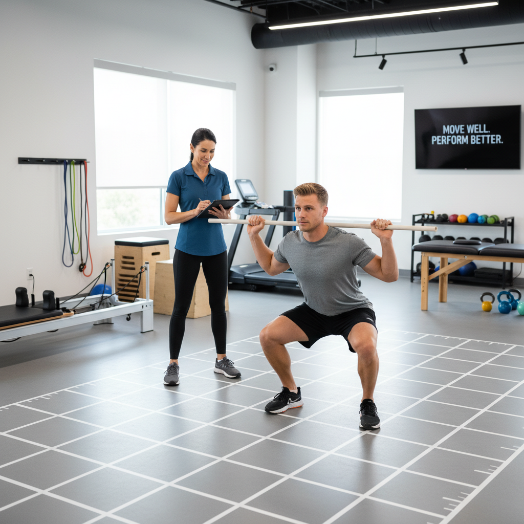 Patient undergoing a movement screen assessment with a physical therapist at a performance physical therapy clinic in Pensacola, FL