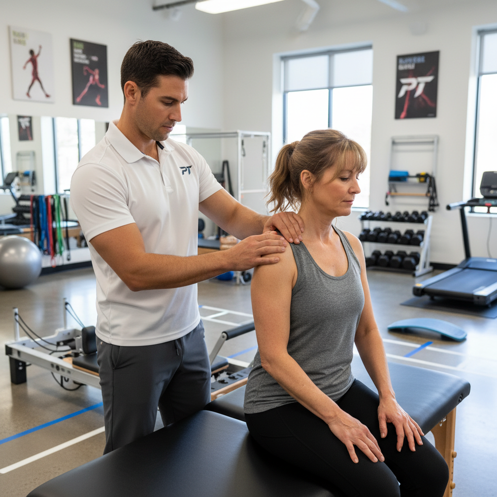 Physical therapist performing manual therapy on a patient's shoulder at a sports physical therapy clinic in Pensacola, FL